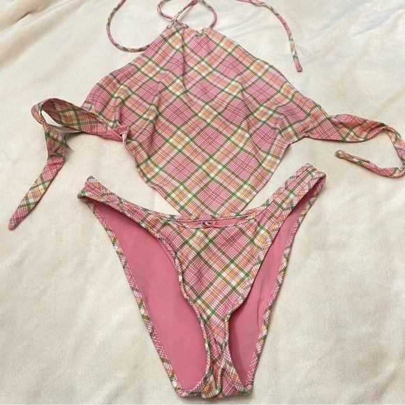 New! Frankie's Bikinis x PINK golden hour strawberry Plaid Bikini 3991 - Picture 3 of 9